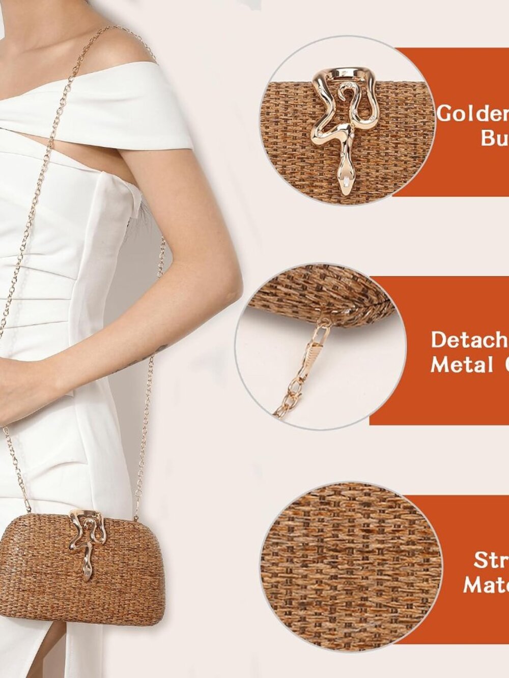 Straw Clutch Purses Summer Beach Purse for Women Woven Vacation Handbags Snake C - Picture 2 of 6